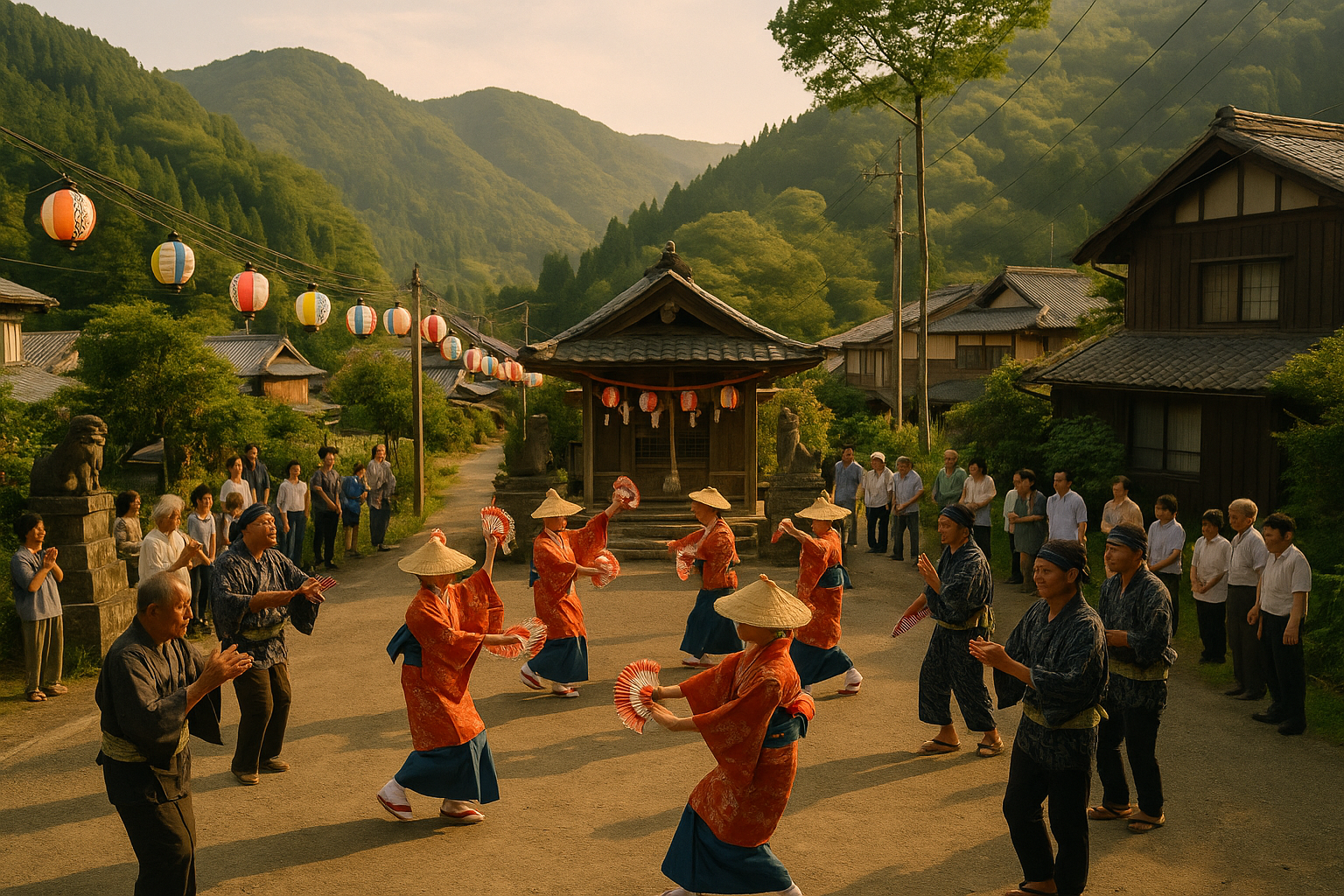 A captivating landscape image (1536x1024) portraying the essence of Japan's regional identity through micro-festivals, showcasing a serene J