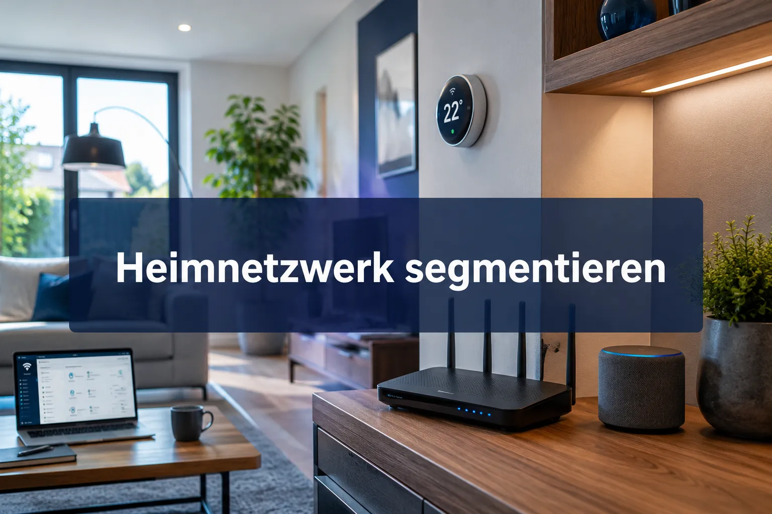 Professional () hero image with SHORT German (≤42 chars): 'Heimnetzwerk segmentieren', crisp white on a semi-transparent