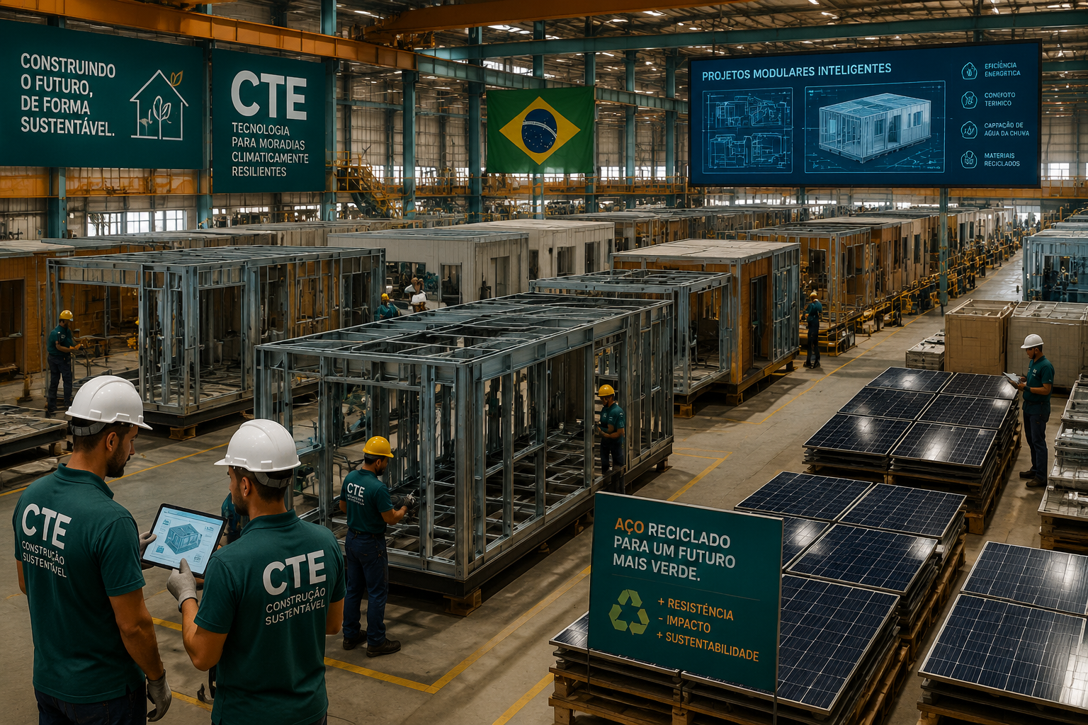 Wide aerial perspective () showing a factory floor in Brazil where modular housing modules are being assembled off-site,