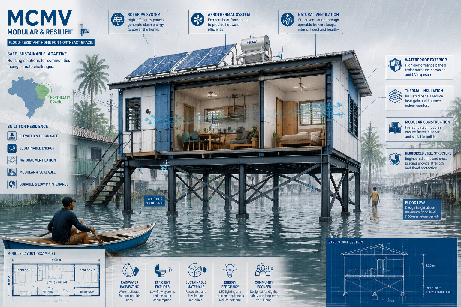 Detailed ground-level () showing cross-section infographic illustration of a flood-resistant MCMV modular home in
