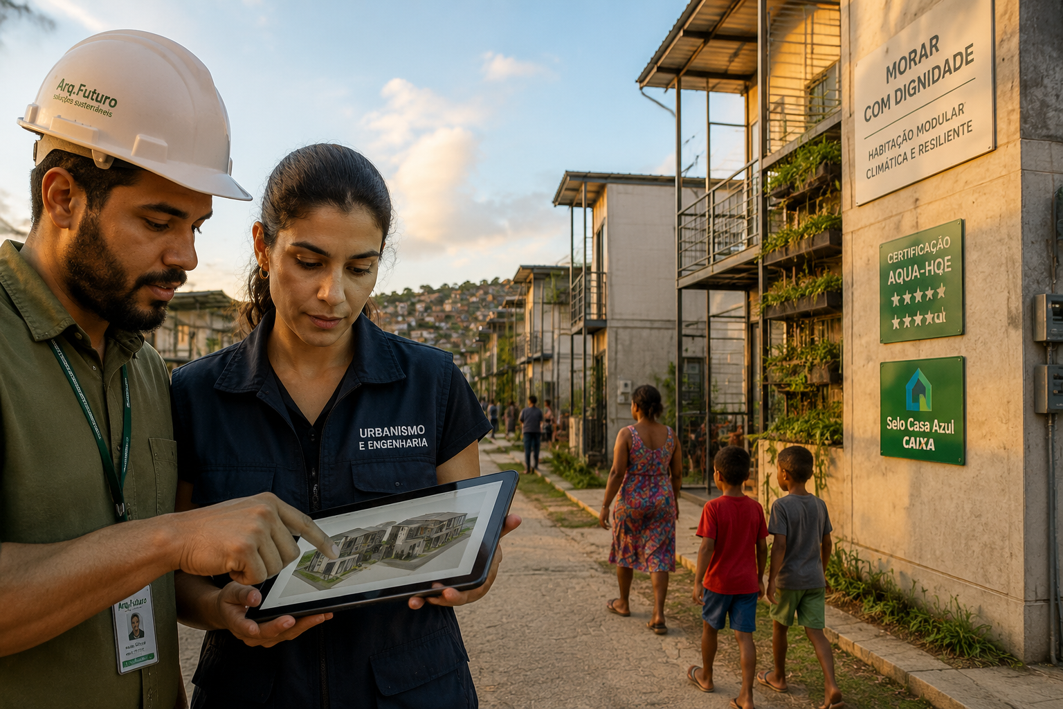 Close-up () showing a Brazilian urban planner and engineer reviewing 3D modular housing models on a digital tablet,