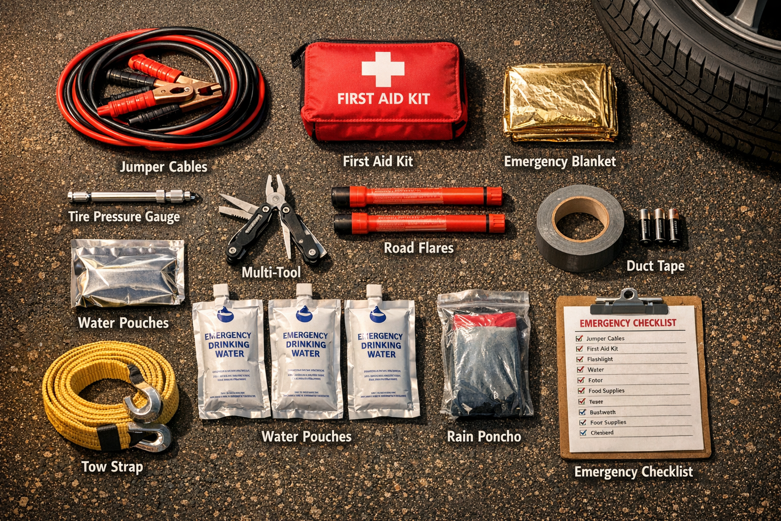 Detailed () flat-lay overhead shot of a complete car emergency kit spread on a dark asphalt surface beside a vehicle tire.