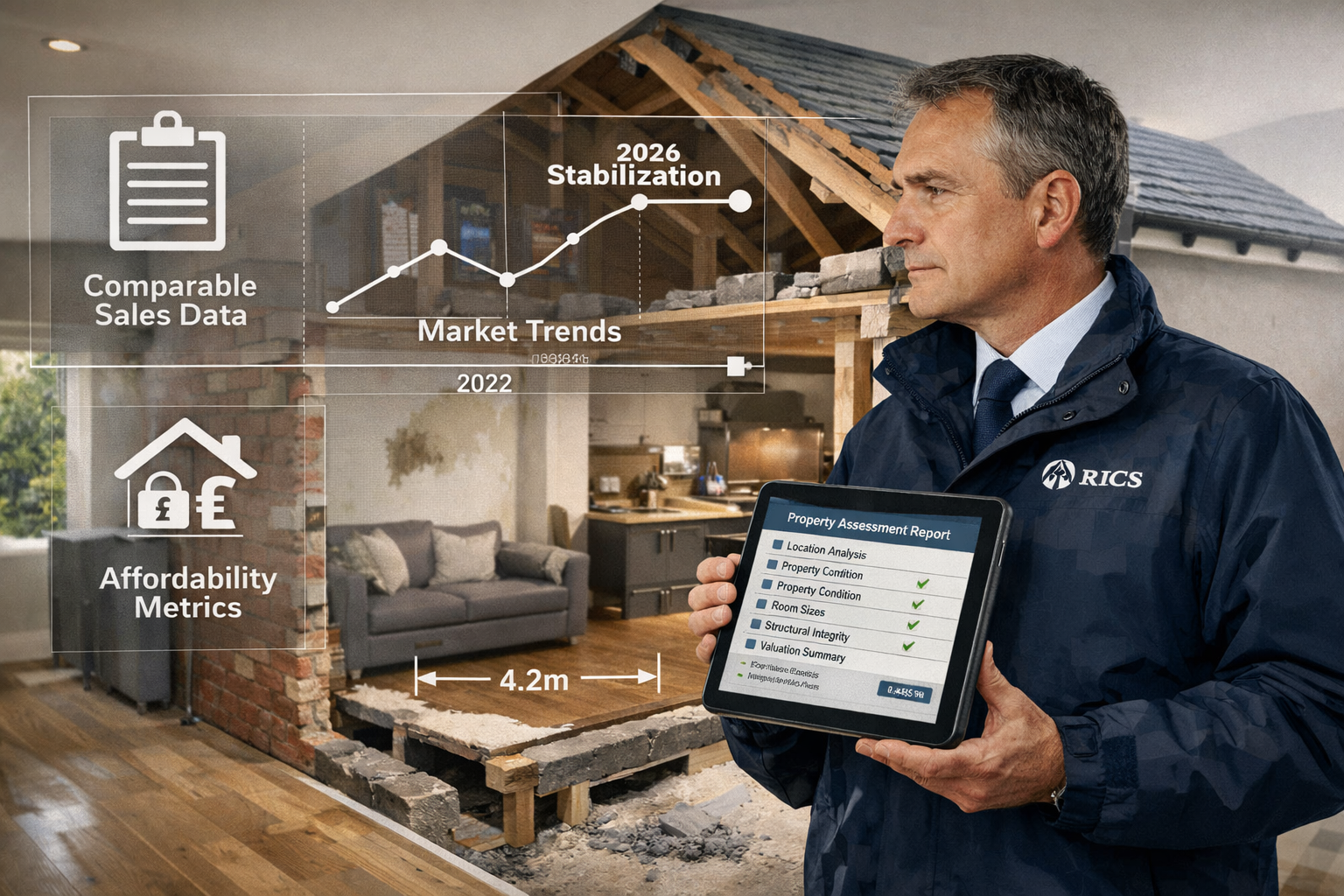 Detailed landscape format (1536x1024) image depicting professional RICS chartered surveyor conducting detailed property valuation inspection