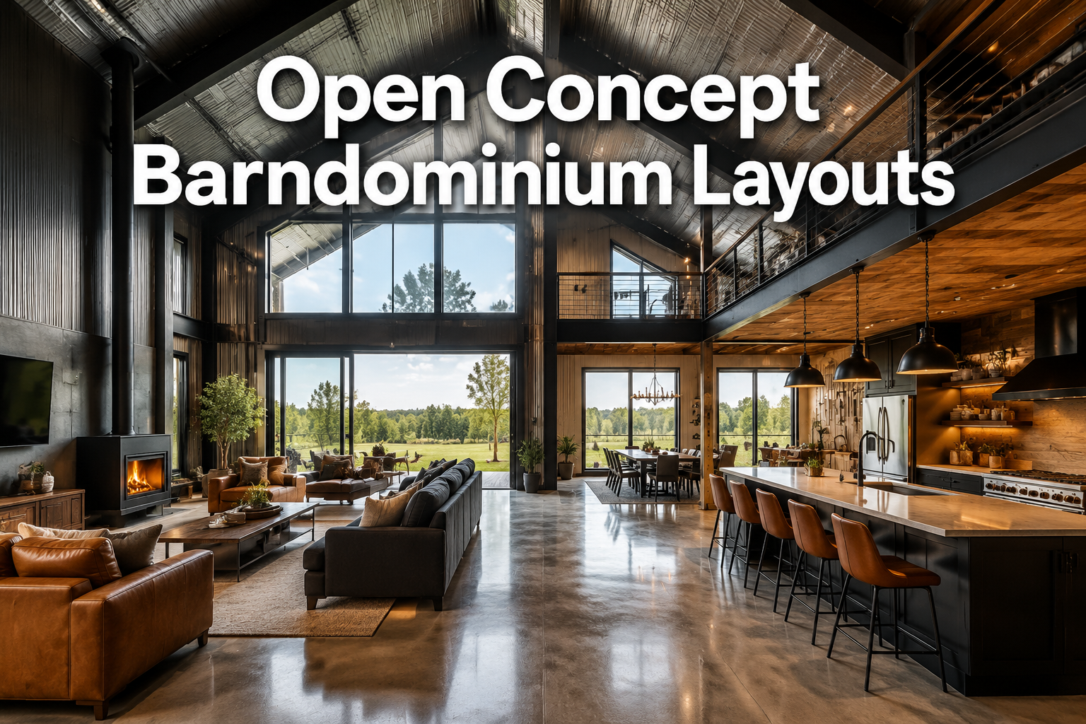 Professional () hero image with : 'Open Concept Barndominium Layouts' in extra large white with dark drop , centered in
