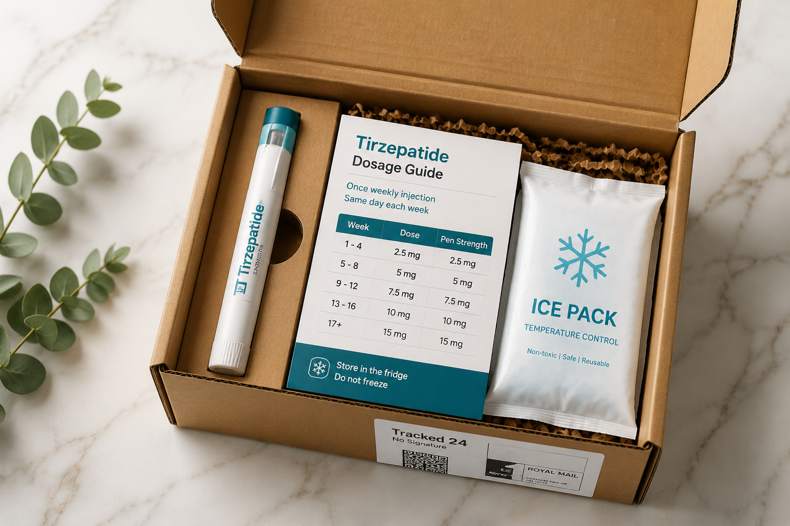 Detailed () flat-lay product photography style image showing a plain unbranded cardboard delivery box open on a light marble