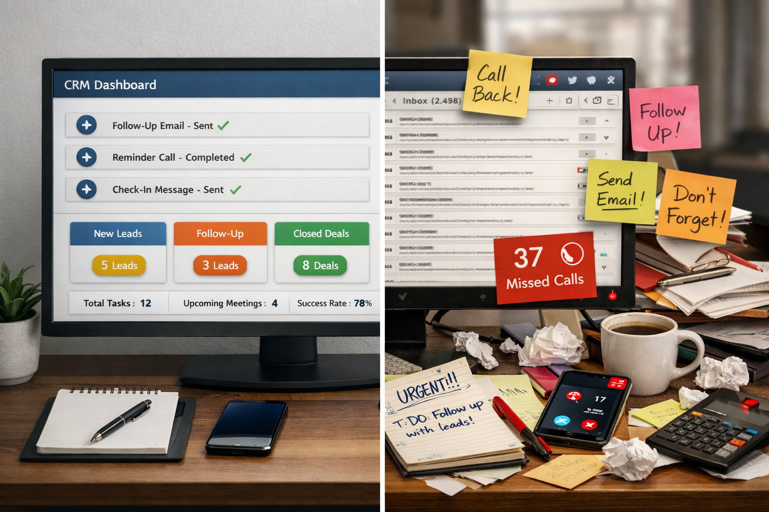 () image showing split-screen comparison: left side displays organized digital CRM dashboard with automated follow-up