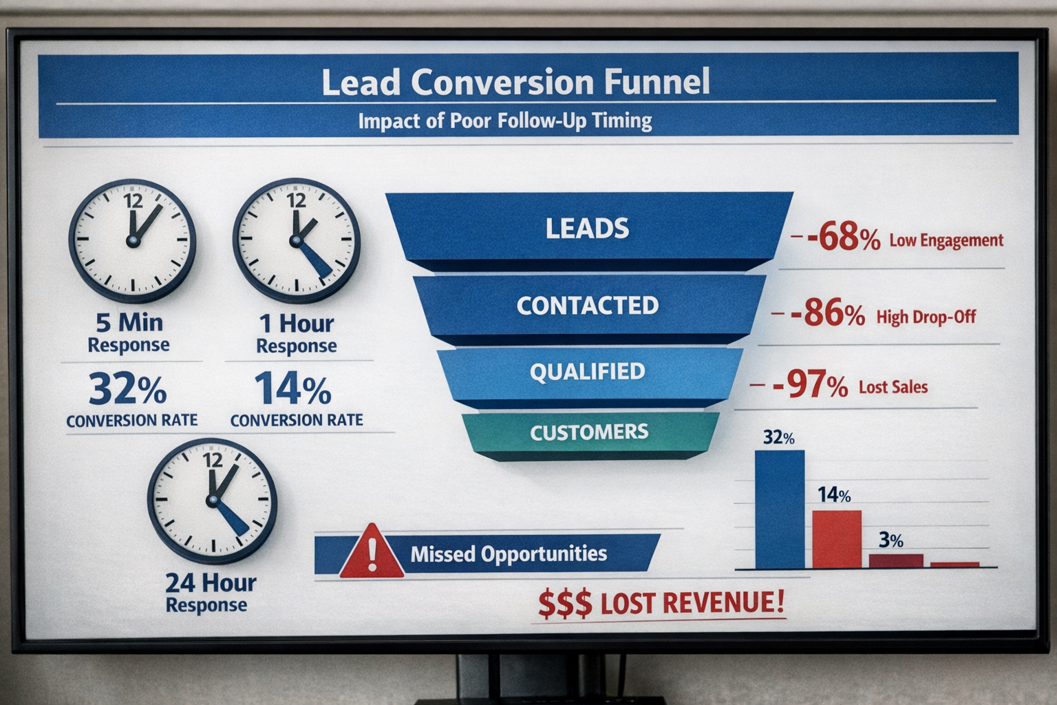 () detailed infographic showing lead conversion funnel with percentage drop-offs at each stage due to poor follow-up timing.