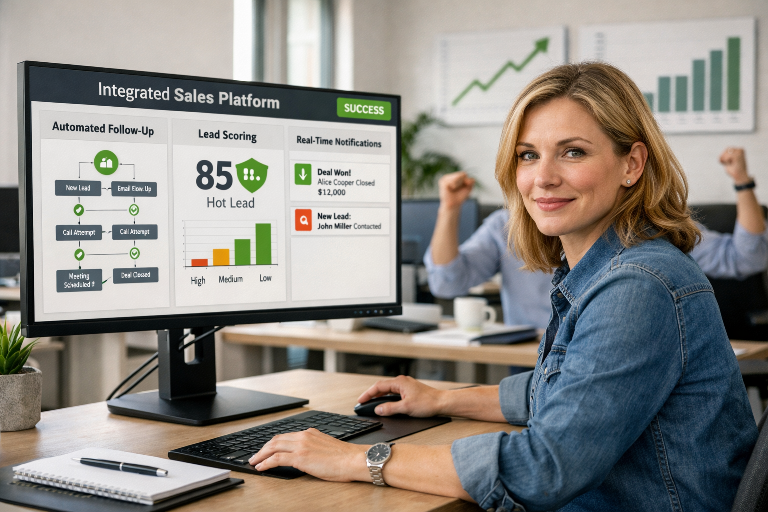 () modern business office scene showing confident small business owner using integrated sales platform on large monitor,