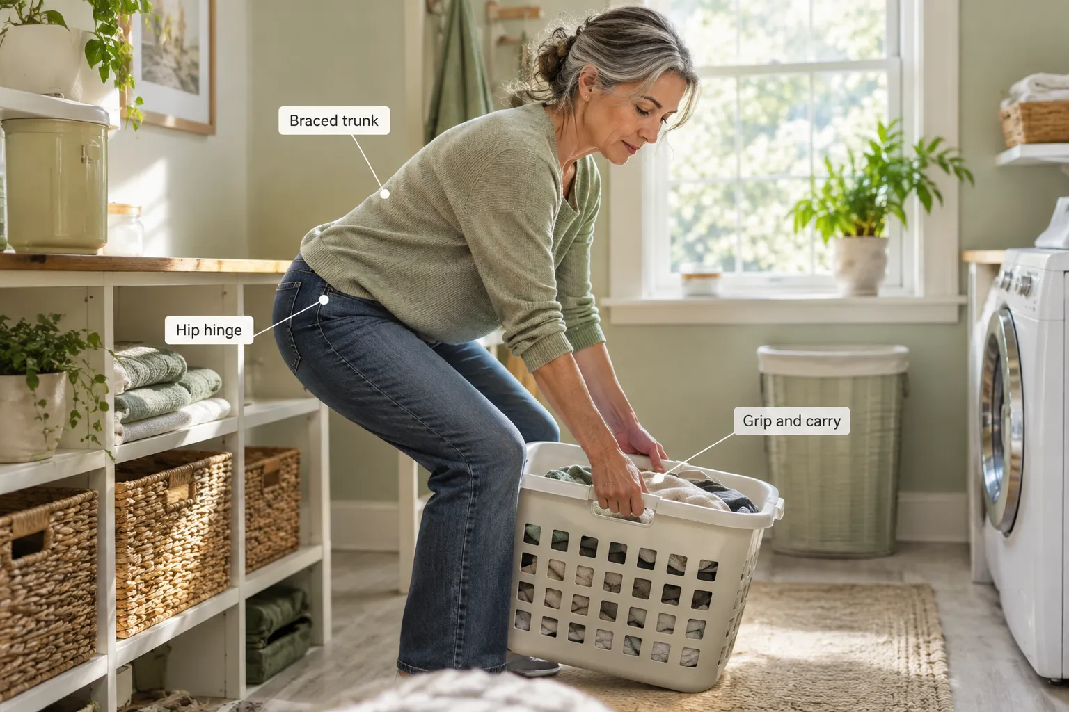 Person preparing to lift a laundry basket with annotated movement cues.