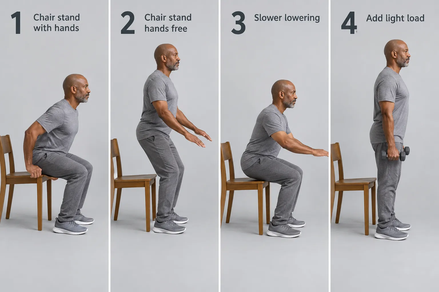 Four-stage illustrated chair-stand progression using a stable chair.