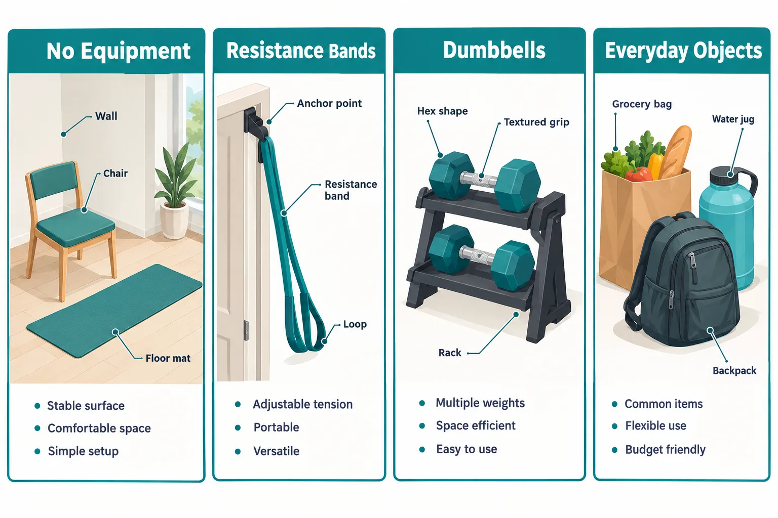 Illustrated comparison of home training options including bodyweight, bands, dumbbells, and everyday objects.