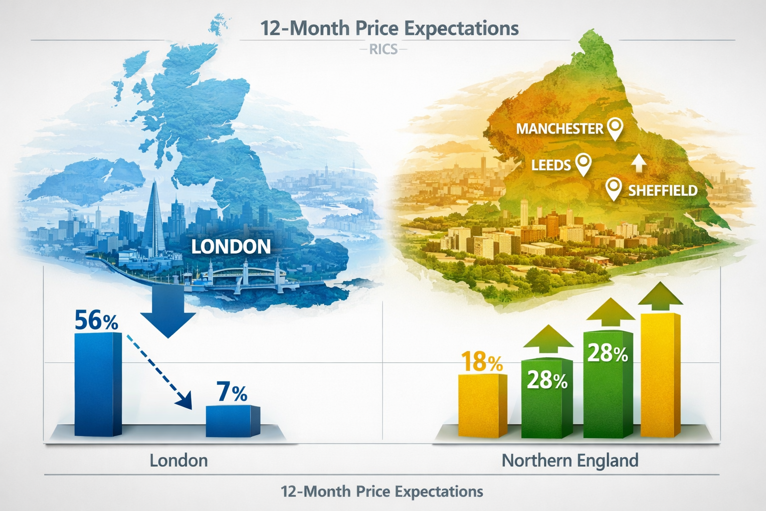 Aerial split-view infographic illustration showing UK map with London highlighted in cooling blue tones and Northern England