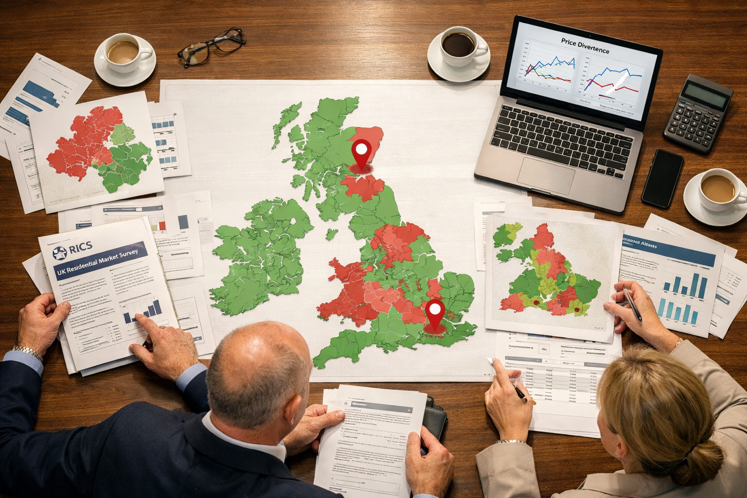 Professional property investment strategy meeting scene viewed from above, showing a large conference table with UK regional