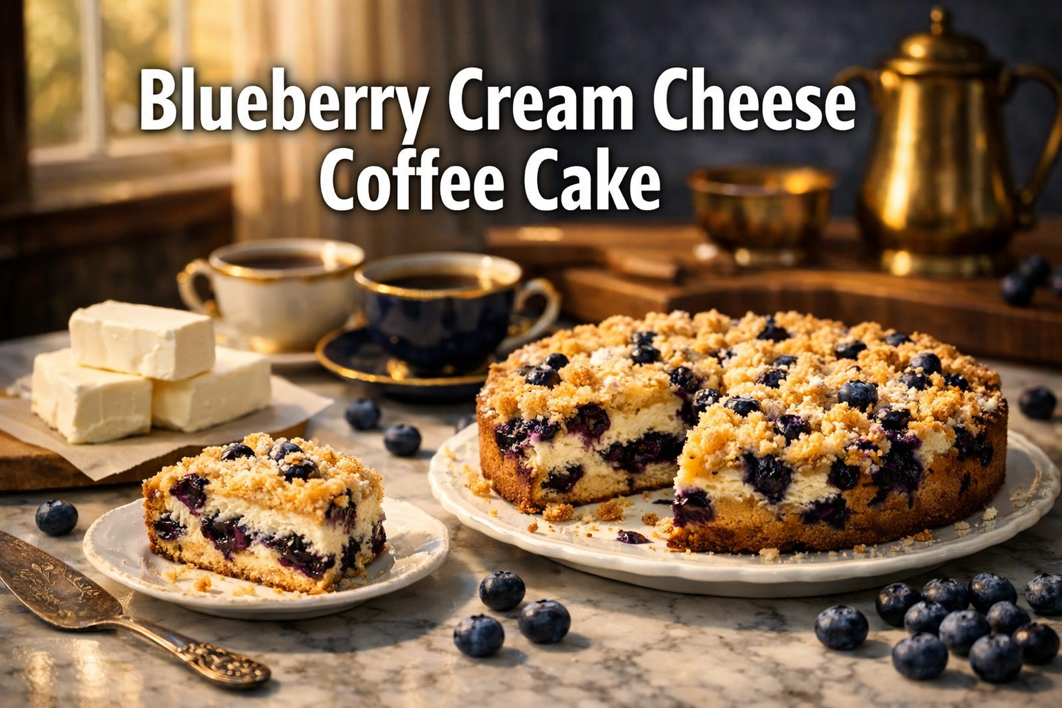 Professional landscape hero image (1536x1024) featuring bold text overlay 'Blueberry Cream Cheese Coffee Cake' in extra large 72pt white san