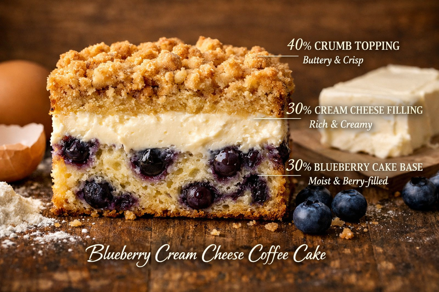 Detailed cross-section view of blueberry cream cheese coffee cake showing distinct layers - golden crumb topping, rich cream cheese filling,