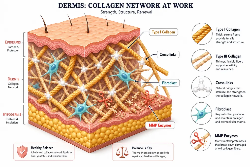 Isometric scientific illustration in bright daylight palette (): a 3D cross-section of human skin dermis showing collagen