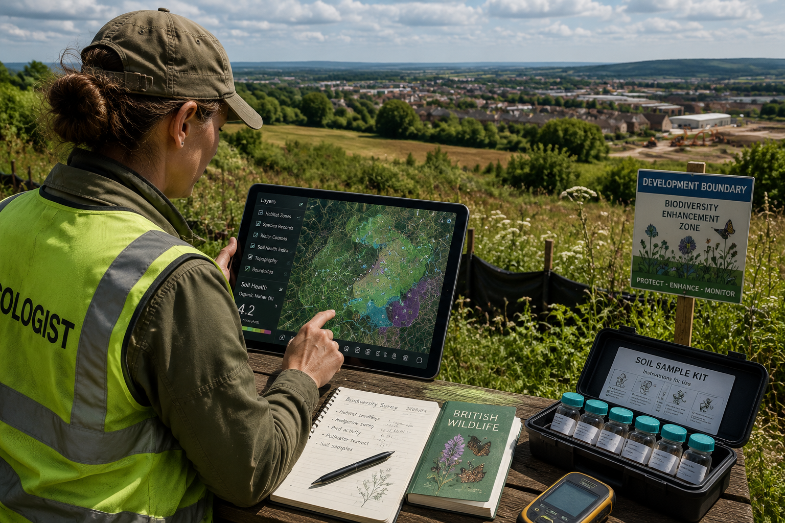 Detailed () illustration showing a professional ecologist in field gear conducting a biodiversity survey at a development