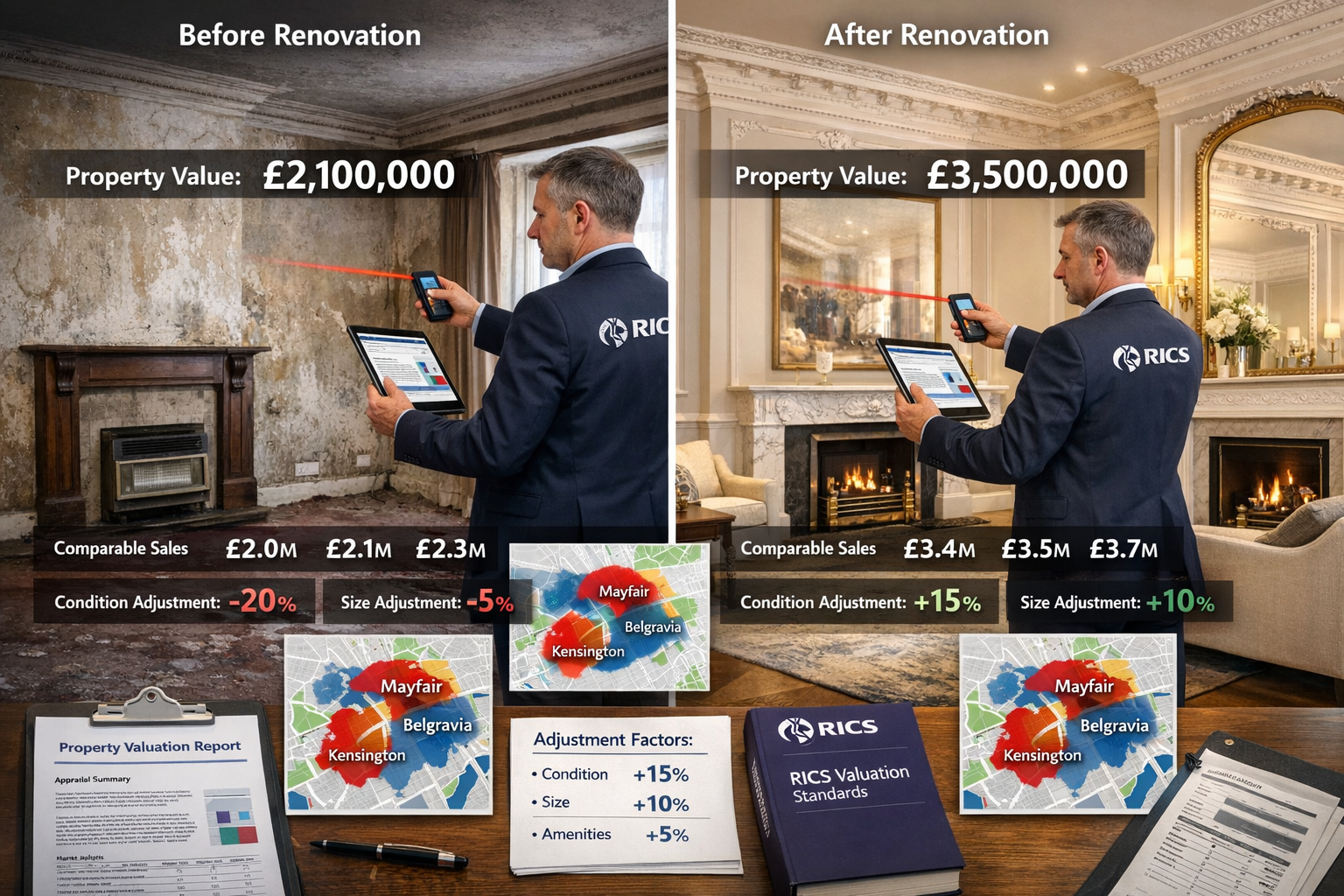 Landscape format (1536x1024) professional scene showing RICS chartered surveyor conducting detailed interior property valuation in luxury Lo
