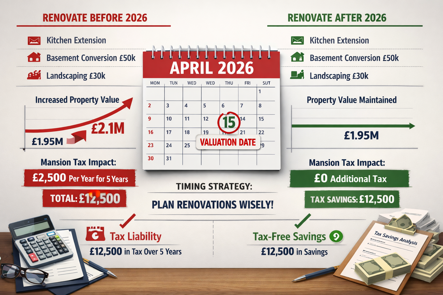 Landscape format (1536x1024) strategic planning visualization showing timeline comparison of renovation timing impact on mansion tax liabili