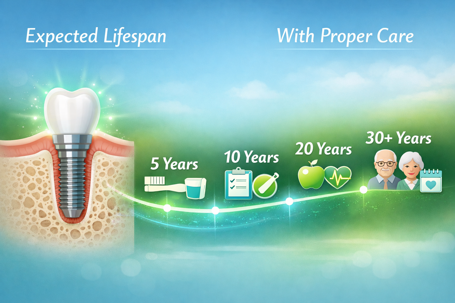 Detailed () image illustrating the concept of dental implant longevity. The main visual should be a stylized timeline