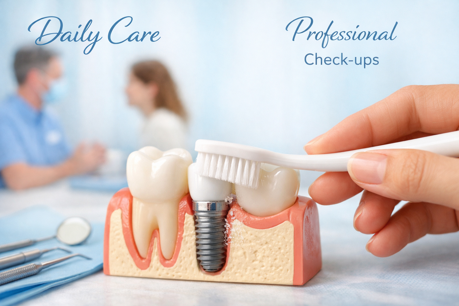 () image depicting the process of dental implant maintenance. The central focus should be a gentle, close-up shot of a hand