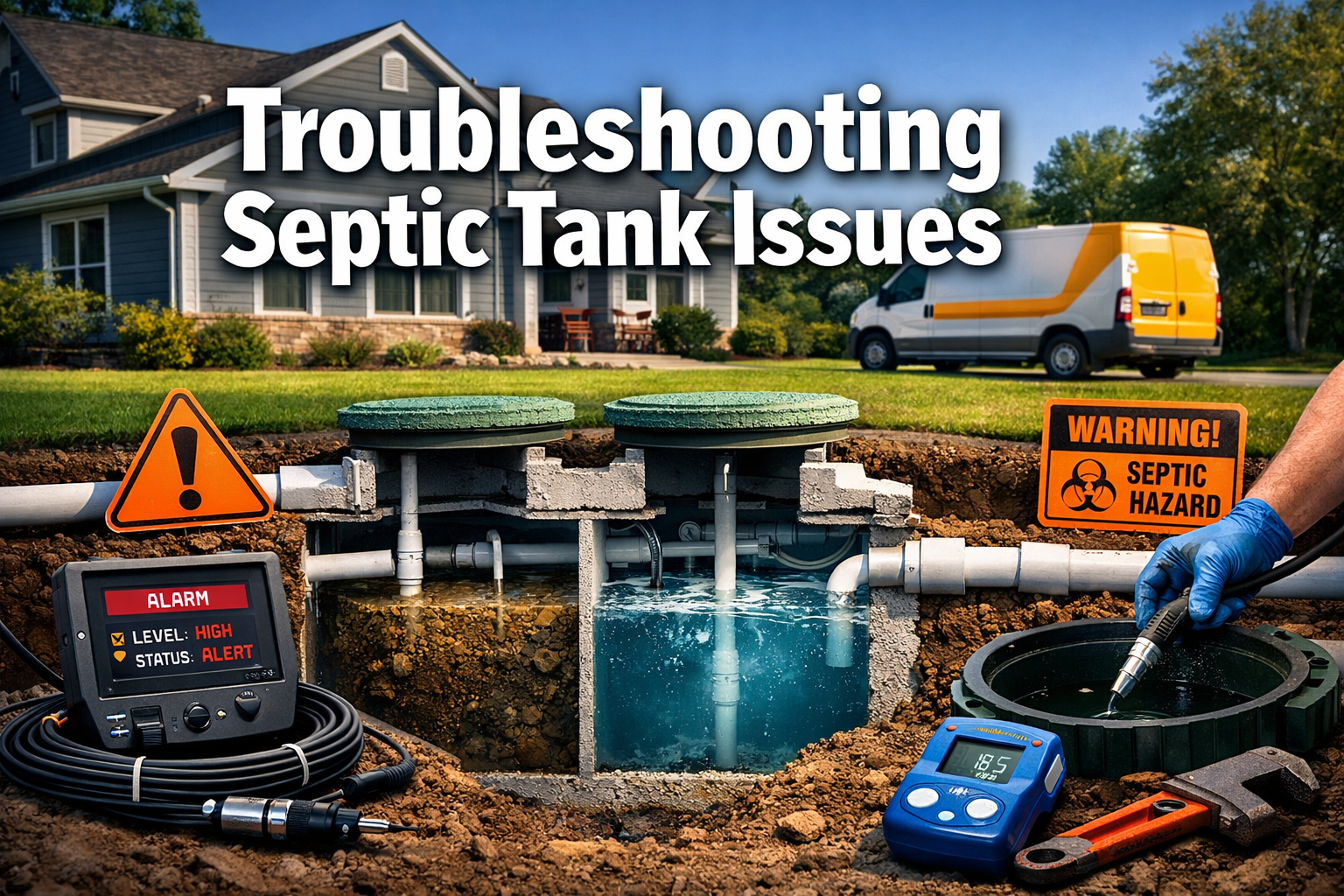Professional () hero image featuring 'Troubleshooting Septic Tank Issues' in extra large white with dark , centered in upper