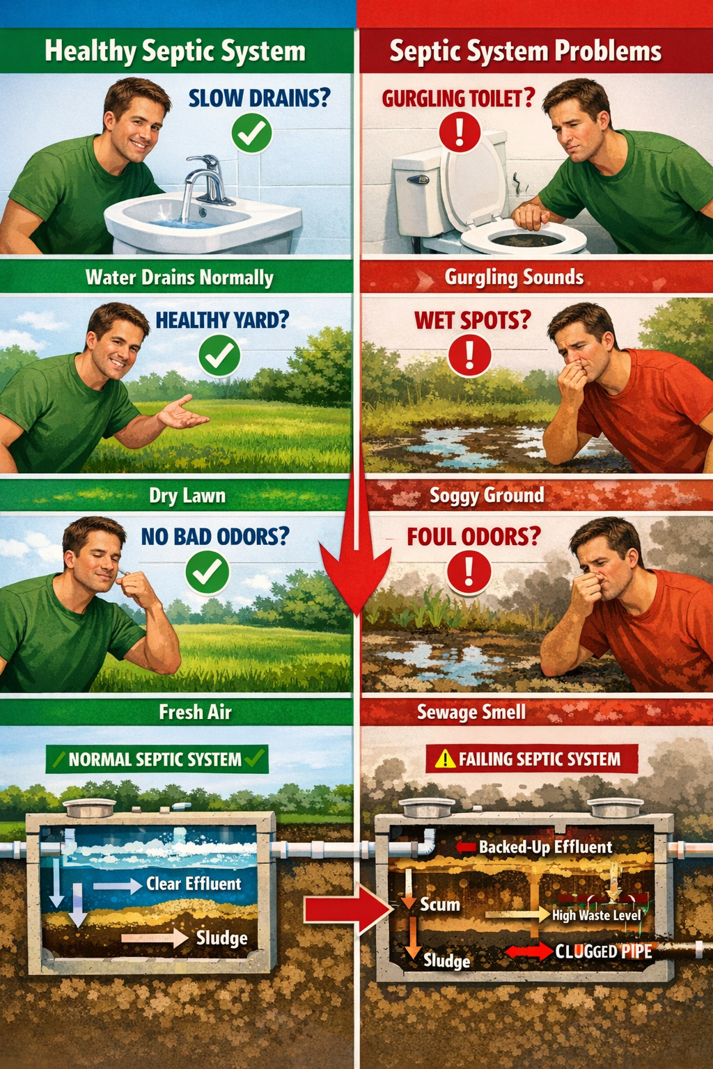 () diagnostic illustration showing homeowner checking multiple warning signs of septic problems - slow drains in bathroom