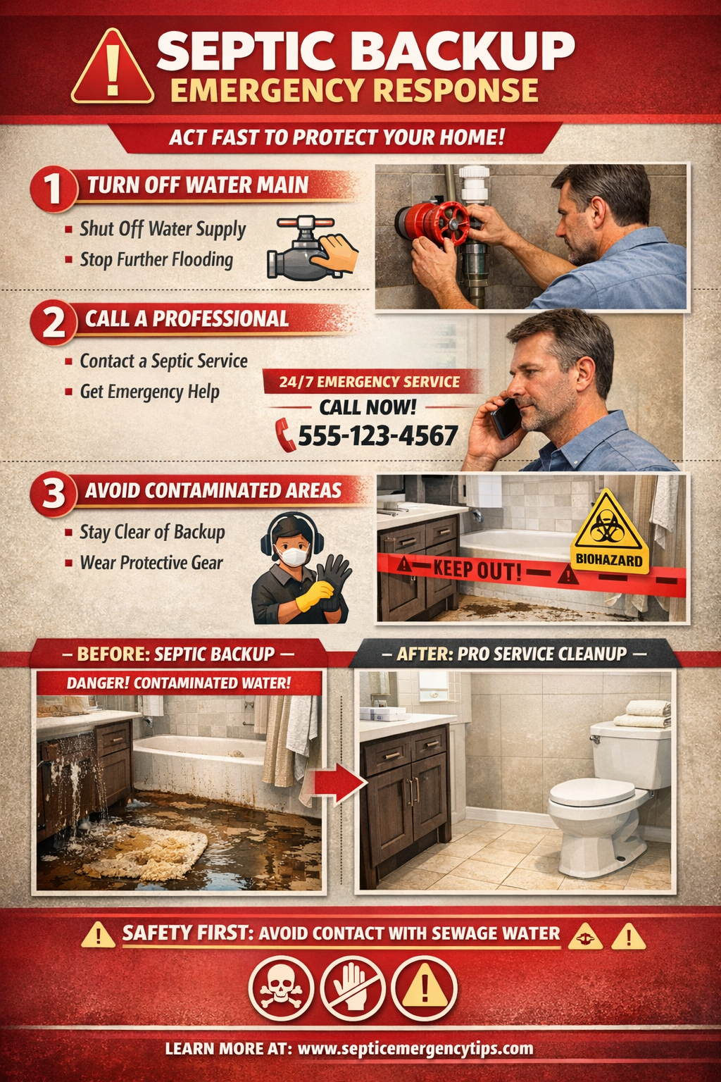 () emergency response scene showing homeowner taking immediate action during septic backup - turning off water main, calling