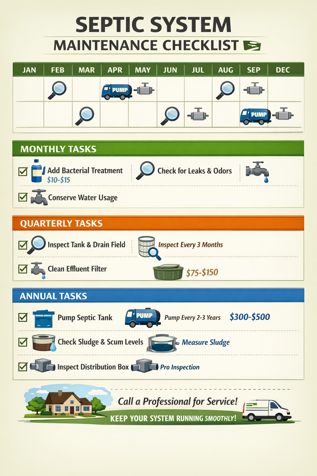 () preventive maintenance calendar and checklist showing monthly, quarterly, and annual septic care tasks. Visual timeline