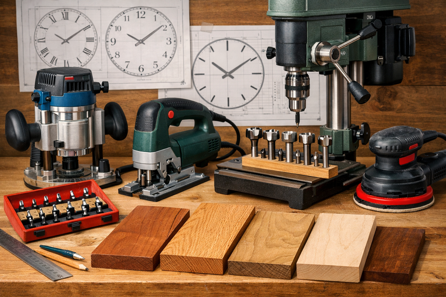 A detailed landscape format (1536x1024) image showcasing a collection of essential tools for crafting DIY wooden wall clocks, including a pr