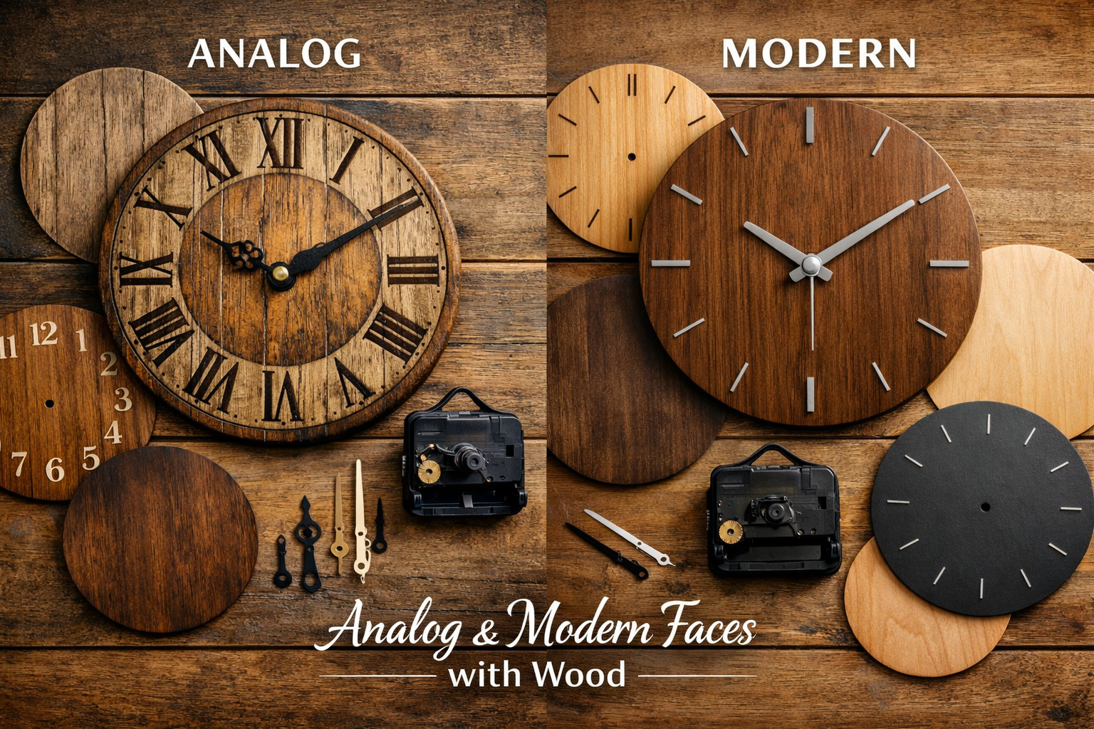 A landscape format (1536x1024) image presenting a side-by-side comparison of a rustic, analog wooden wall clock and a sleek, modern wooden w