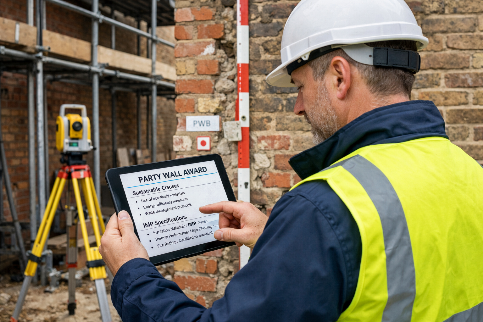 () image depicting professional party wall surveyor in hard hat and high-visibility vest reviewing detailed party wall award