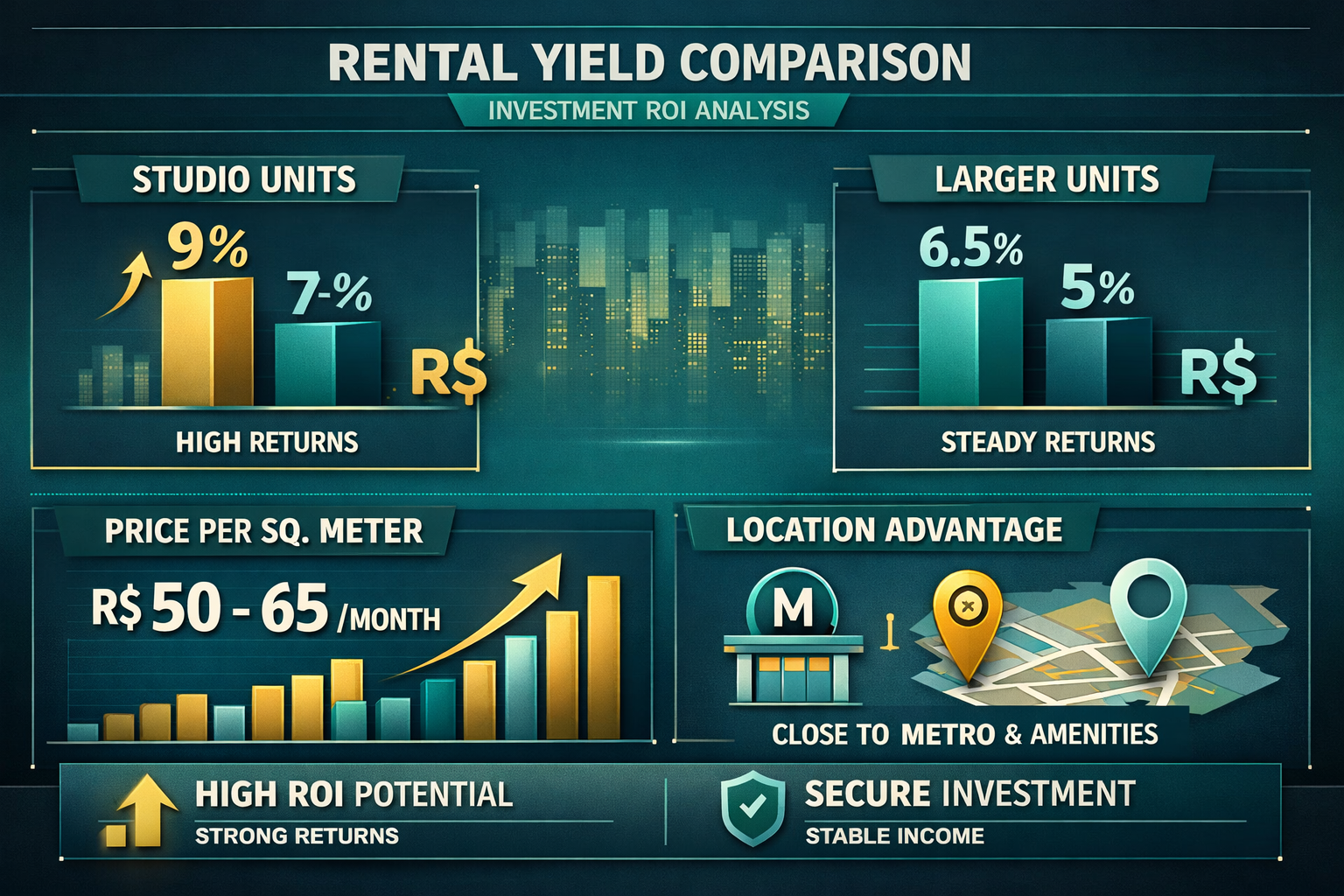 () detailed infographic showing rental yield comparison bars and charts, studios at 7-9% versus larger units at 5-6.5%,