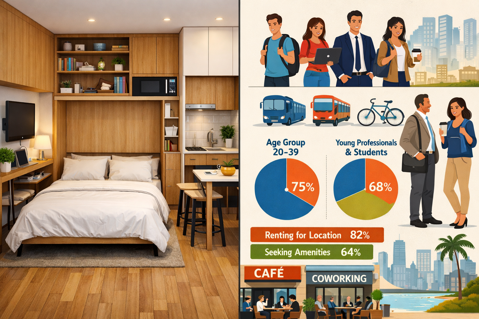 () split-screen composition showing compact modern studio apartment interior on left side with smart space-saving furniture,