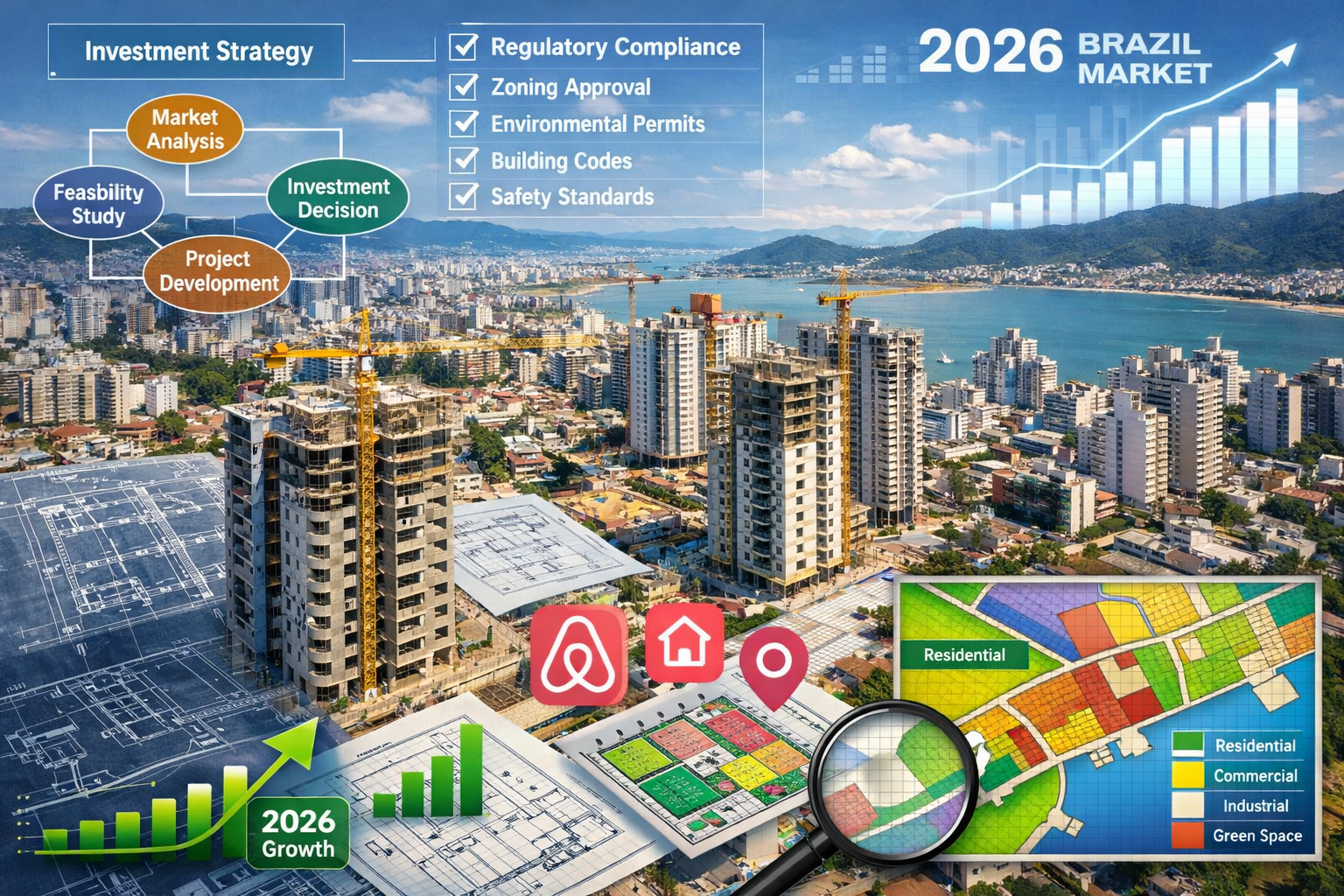 () aerial bird's-eye view photograph of dense São Paulo or Florianópolis urban development showing construction cranes and