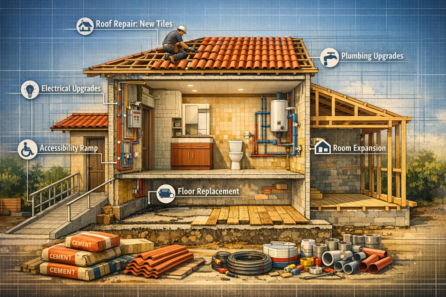 Detailed () architectural cross-section illustration of a Brazilian mid-tier residential property showing approved