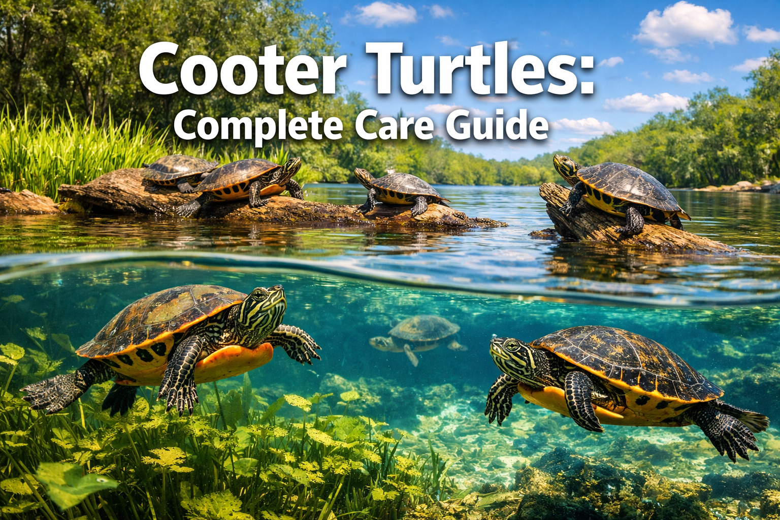 Professional landscape hero image (1536x1024) featuring bold text overlay 'Cooter Turtles: Complete Care Guide' in extra large 72pt white sa
