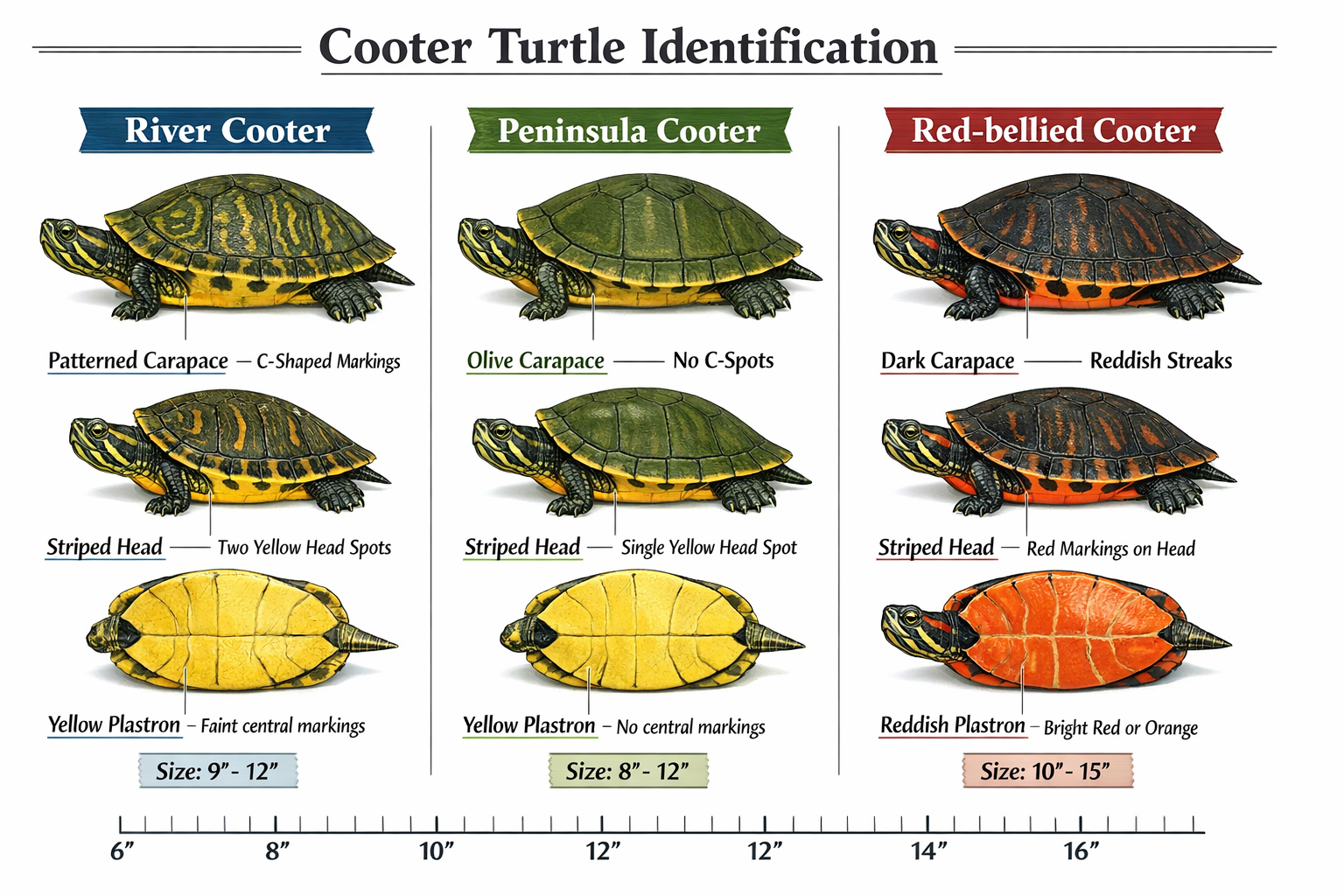 Detailed infographic showing cooter turtle identification features with side-by-side comparison of River Cooter, Peninsula Cooter, and Red-b