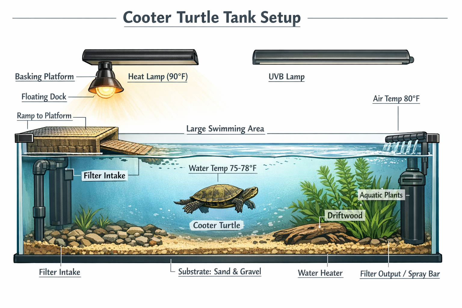 Comprehensive aquatic habitat setup diagram showing proper cooter turtle tank configuration with labeled components: large swimming area, ba