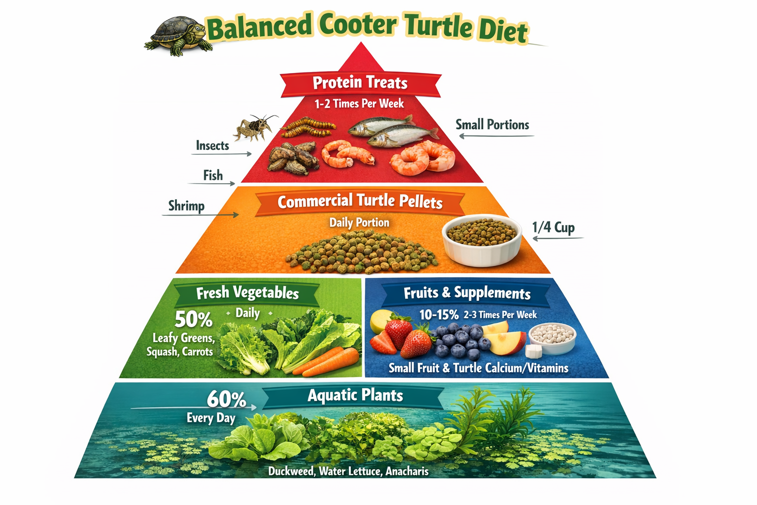 Nutritional pyramid chart displaying balanced cooter turtle diet with food categories arranged in colorful tiers: aquatic plants at base, co