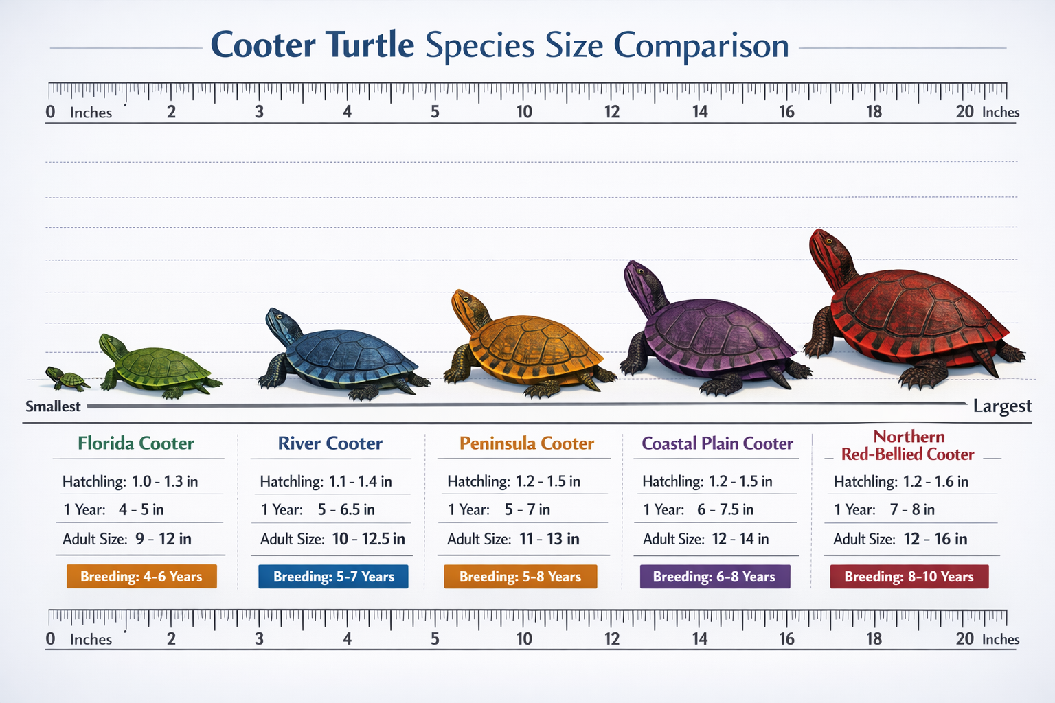 Interactive size comparison chart showing cooter turtle species arranged from smallest to largest with detailed measurements, growth timelin
