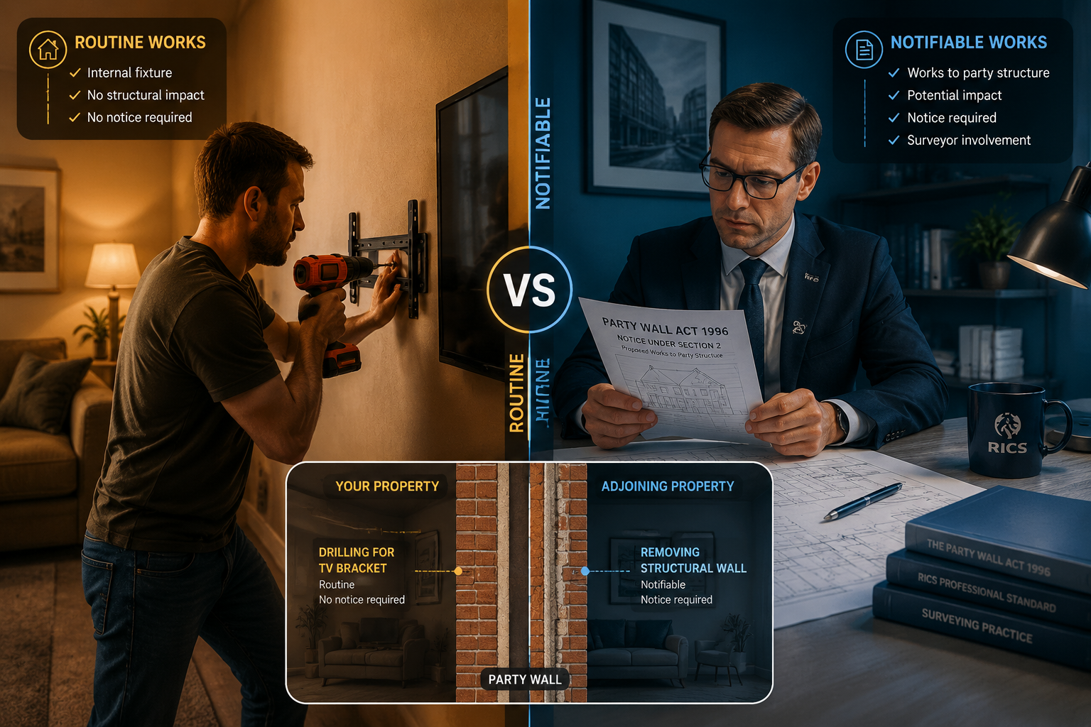 () editorial illustration showing a split-scene comparison: left side depicts a homeowner casually drilling a TV bracket