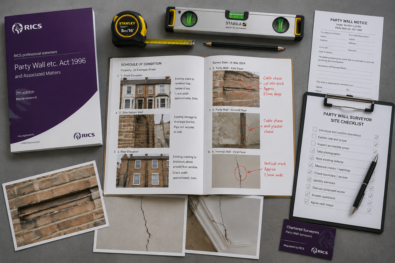 () overhead flat-lay style editorial image showing a professional party wall surveyor's toolkit spread on a drafting table: