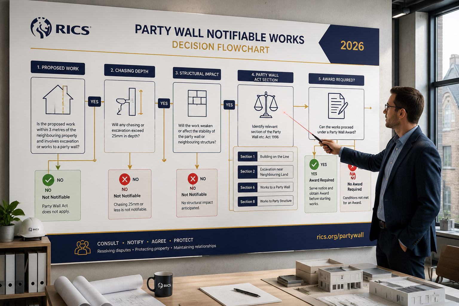 () conceptual infographic-style image depicting a decision flowchart for party wall notifiable works in 2026, rendered as a