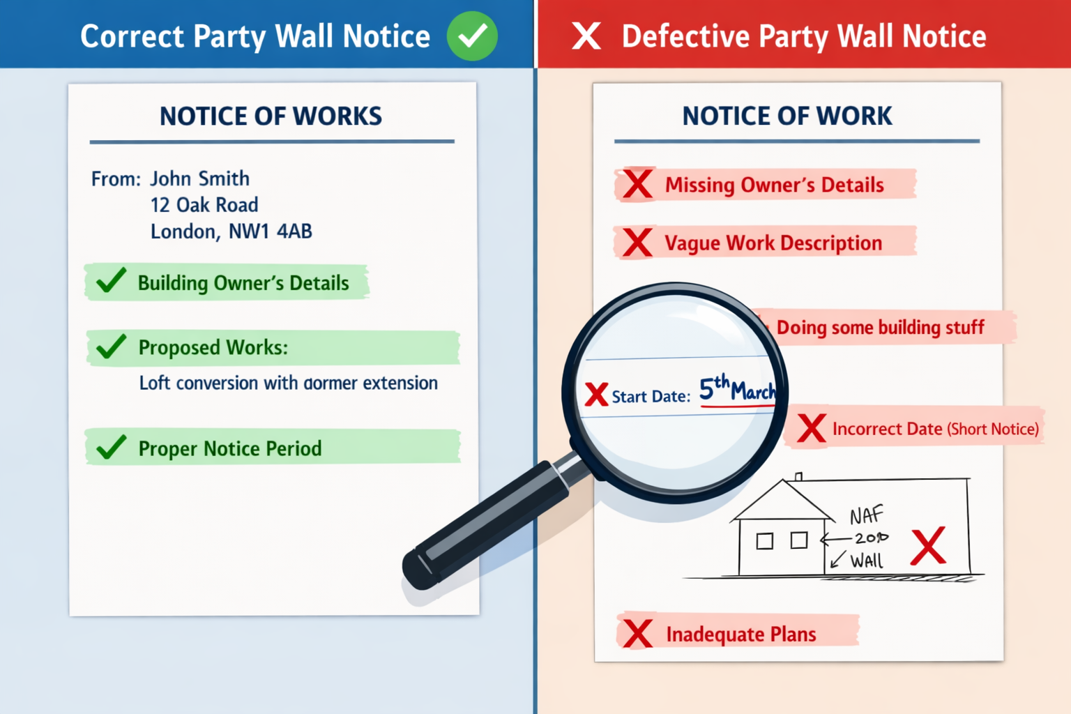 () editorial image showing split-screen comparison: left side displays correct party wall notice with green checkmarks