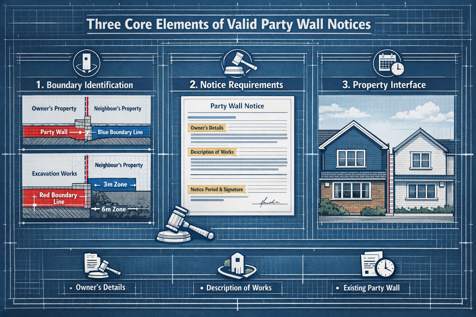 Professional architectural infographic illustrating 'Three Core Elements of Valid Party Wall Notices' with technical
