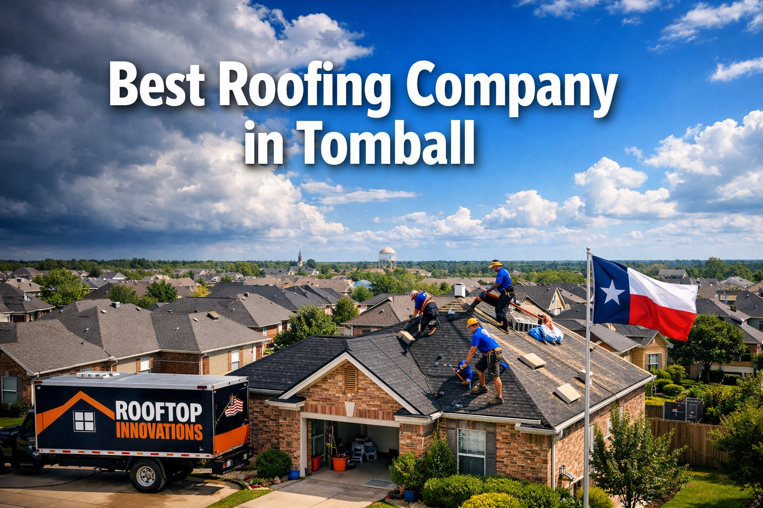 Professional landscape format (1536x1024) hero image featuring bold text overlay 'Best Roofing Company in Tomball' in extra large 72pt white