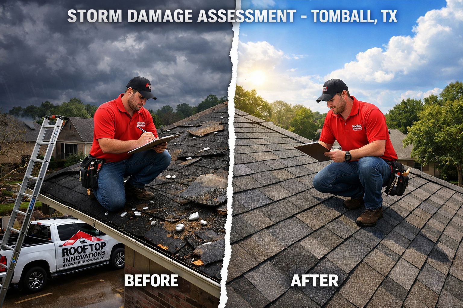 Landscape format (1536x1024) image showing storm damage assessment in Tomball with professional roofer inspecting hail-damaged shingles, cli