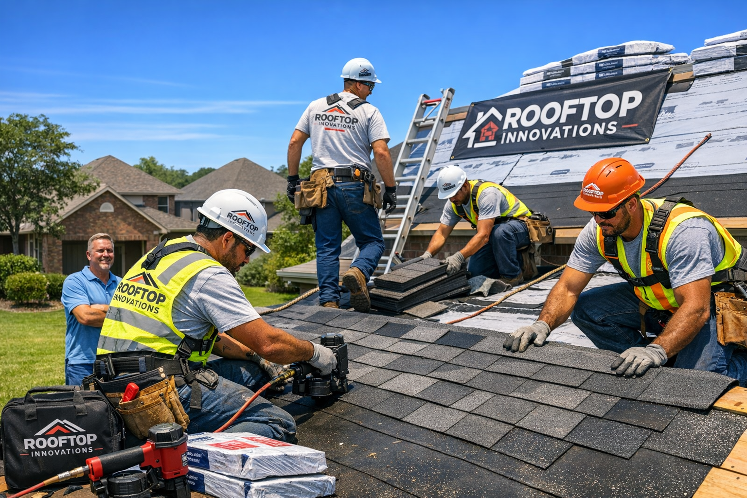 Professional roofing crew from Rooftop Innovations installing high-quality roofing materials on Tomball home, workers in safety gear, premiu