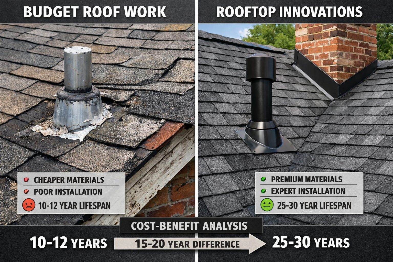Split-screen comparison showing budget roofing work versus premium Rooftop Innovations installation, left side showing poor workmanship with